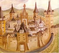 Idealisierte Darstellung der mittelalterlichen Stadt, Gemälde der St. Wendeler Bürgerin Mia Hartung (geb. 1901)